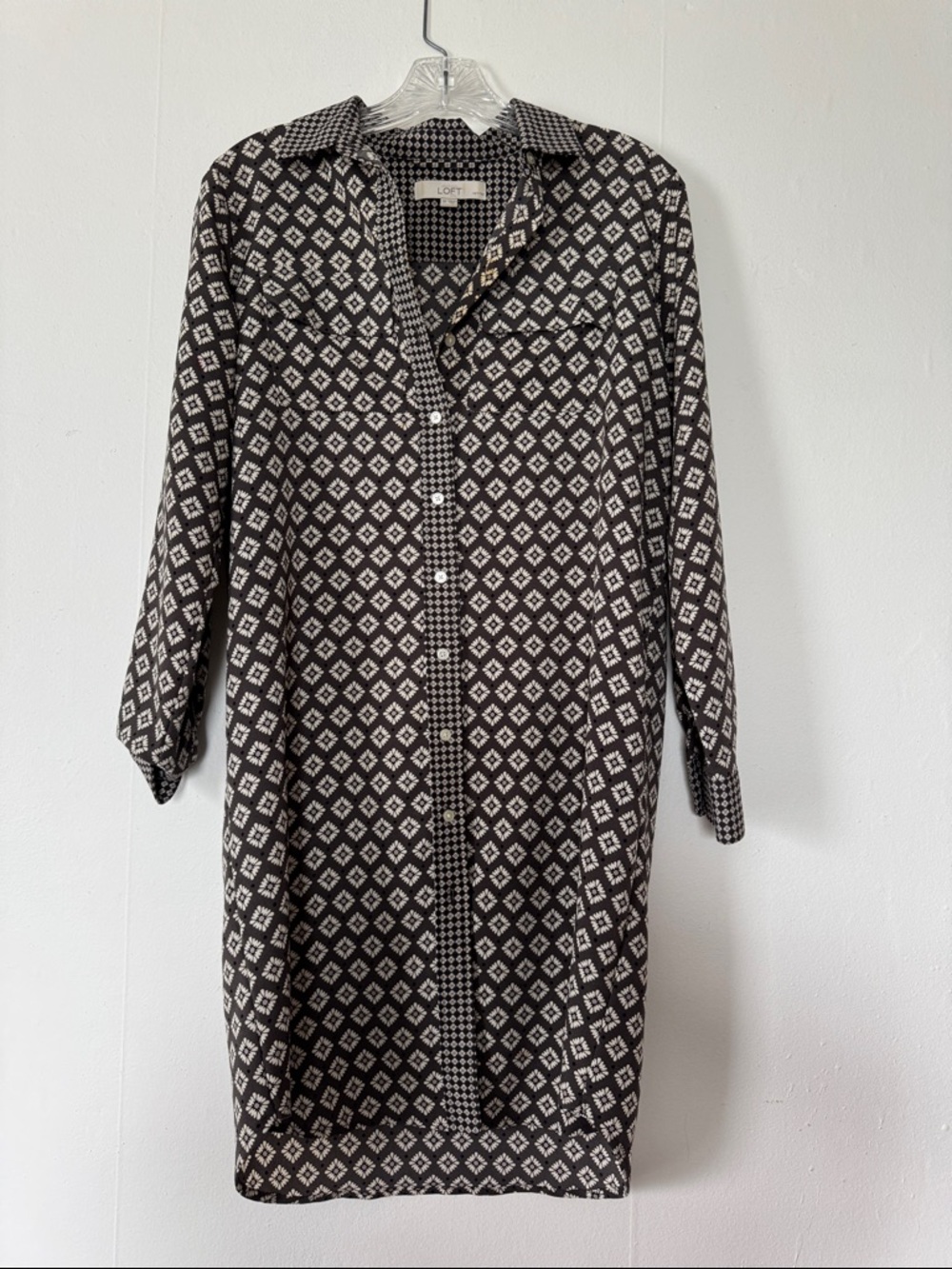 LOFT Black and White Geometric Long Sleeve Shirt Dress